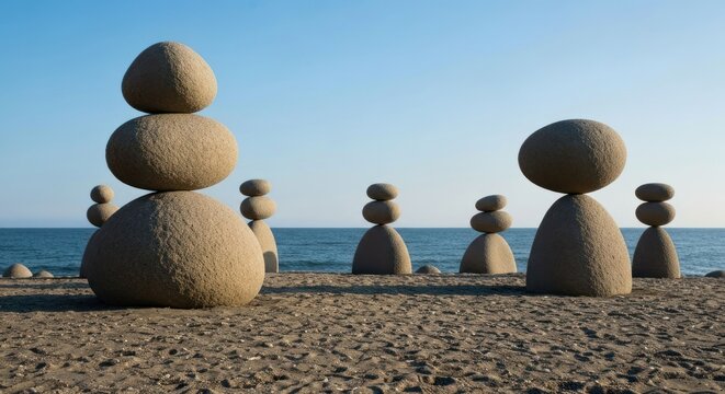 Balanced stone sculptures on sandy beach near calm ocean under clear sky