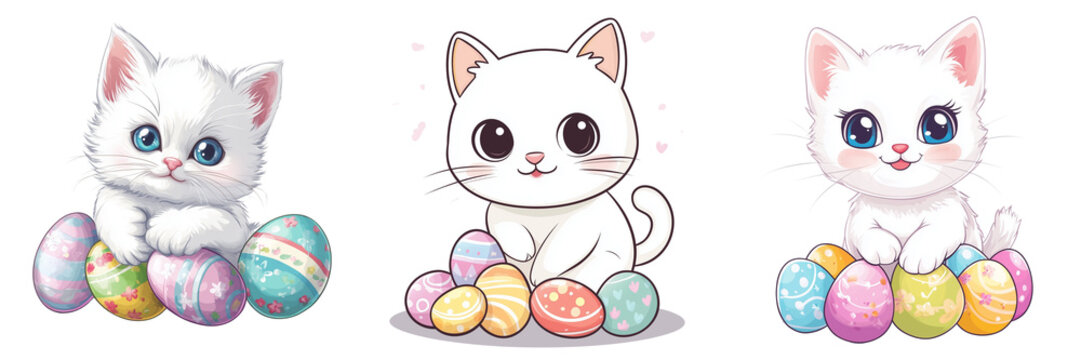 Set of A peaceful white cat curled up, peacefully sleeping atop a large, colorful Easter egg surrounded by soft pastel-colored flowers the window on transparent png background