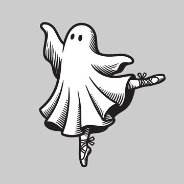 Spooky Ghost Ballerina Dancing Ballet Vintage Vector Illustration for Halloween Decor Art Prints Posters and Apparel Design High Quality Detailed Sketch Character Monochrome Graphi