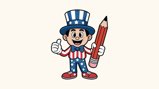 Cartoon character dressed as uncle sam holding a pencil and giving thumbs up for education or patriotism.