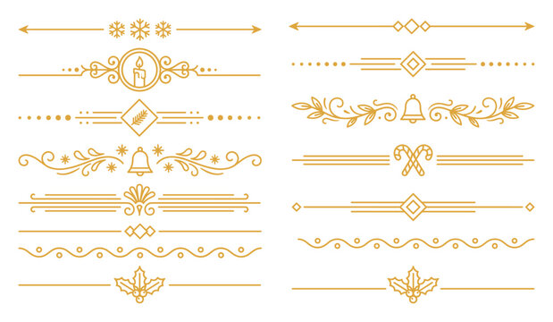 Christmas gold ornament borders set with festive elements for holiday card decorations.