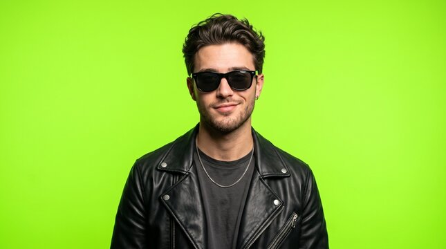 Stylish young man wearing sunglasses and leather jacket smirking against green background