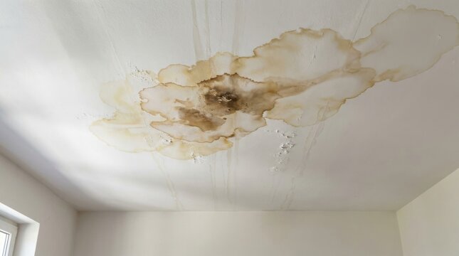 Water damage stain on white ceiling with brown mold spots indicates roof leak or plumbing failures.