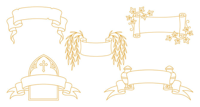 Ornate golden ribbon scroll banners decorated with gothic arch and weeping willow branch.