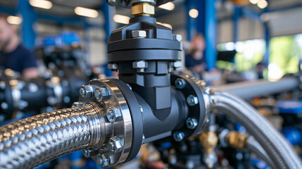 Fototapeta premium Close up of a metal pipe fitted with a matte black industrial valve and flexible braided stainless steel hose, crisp machined threads clearly visible on the fittings, bright indoor workshop lighting