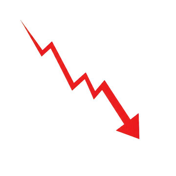 A red arrow pointing downwards in a jagged line isolated on transparent background