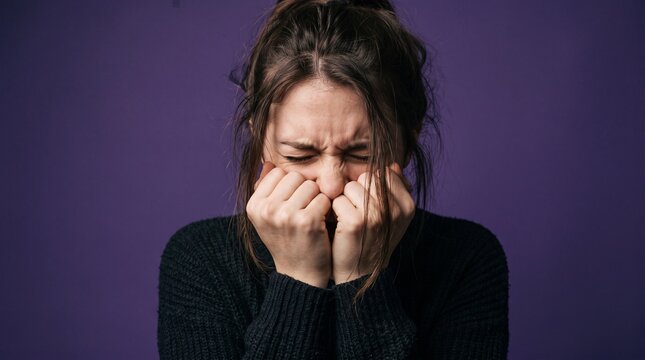 Young woman screaming in frustration with hands covering her face against purple background