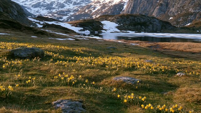 Frozen tarn meadow with wildflowers in a mountainous area