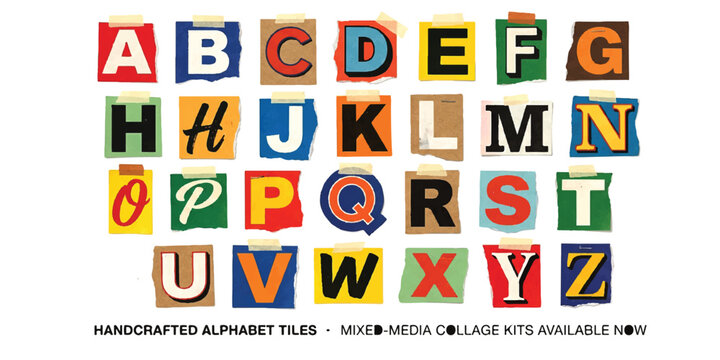 Colorful alphabet letters made of cut out magazine paper for creative design and crafting projects