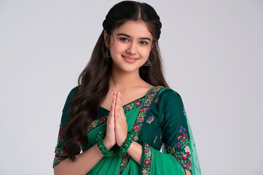 Smiling young indian woman in traditional green sari greeting with hands folded in namaste