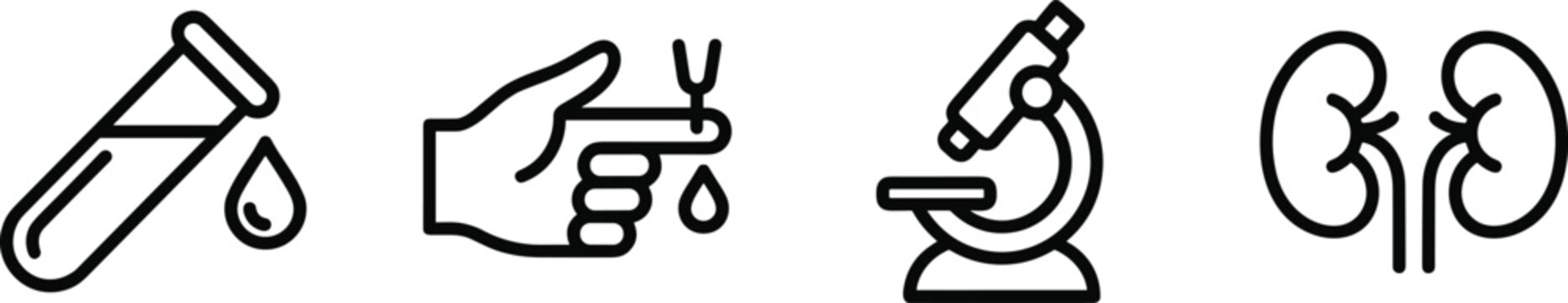 Set of medical diagnostic icons including test tube, finger prick blood test, microscope, and human kidneys, linear style vector illustration
