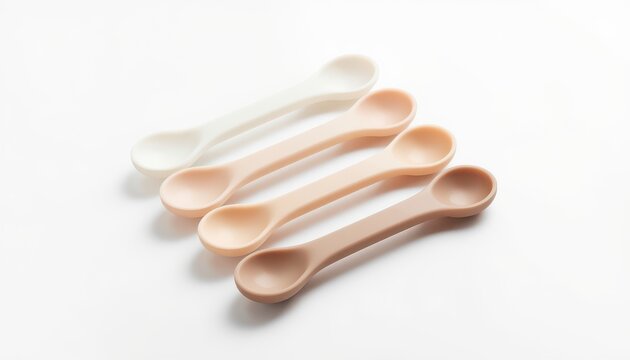 Four small measuring spoons of different shades lined up on a white surface with kitchen tool