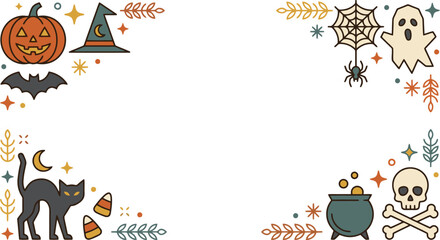 Fototapeta premium Festive halloween border frame with cute hand drawn spooky icons on a plain white background