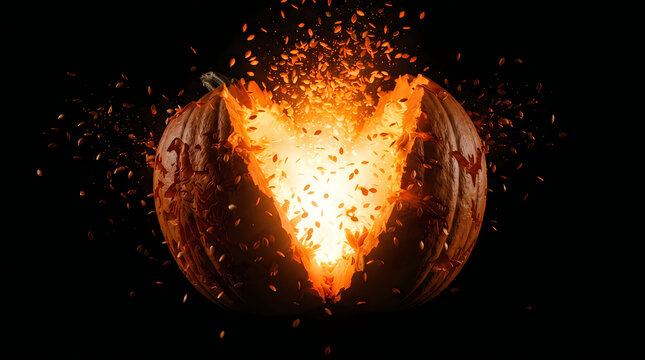 Glowing carved pumpkin exploding with flying seeds for halloween holiday background.