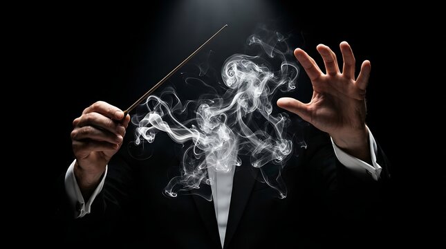 Music conductor leading an orchestra with smoke hands on black background