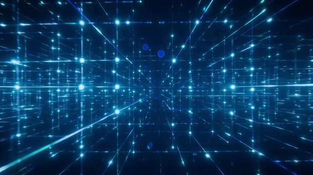 Glowing digital grid lines moving through dark cyberspace in this abstract high quality animation video file