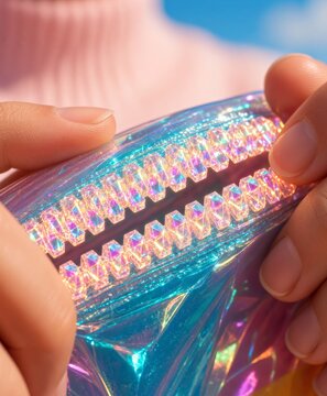 Dettaglio macro di mani che stringono un materiale plastico olografico e iridescente con texture di cristalli