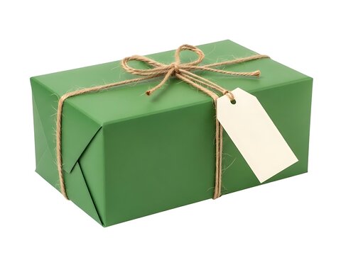 A rectangular green gift box wrapped with decorative twine and a blank tag