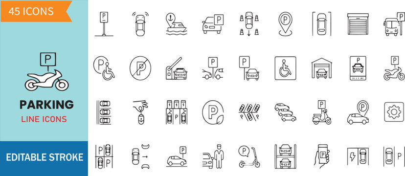 Parking and Vehicle Navigation Line Icons Vector Set for Car Garage, Street Zone, Valet Service, Meter Ticket, Transportation Spot, and Auto Security