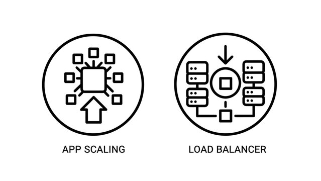 Application scaling and network load balancing vector line icons with balancing