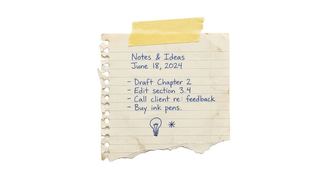 Vintage sticky note with handwritten notes and ideas, taped memo paper for office organization isolated on Transparent Background