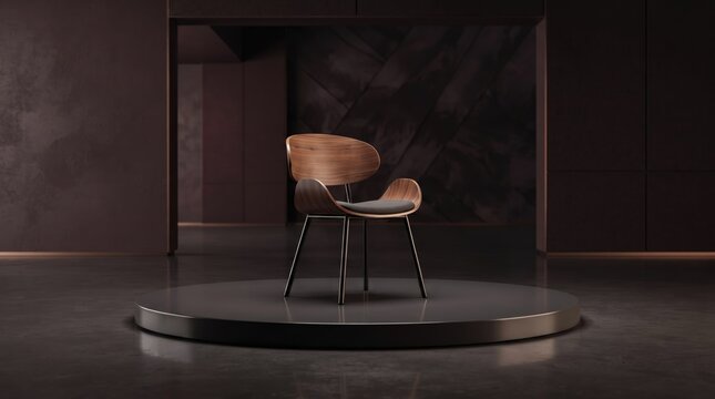 3d World Teachers&rsquo; abstract background new design 2026 Modern wooden chair on a round metallic platform in a dark room illustration