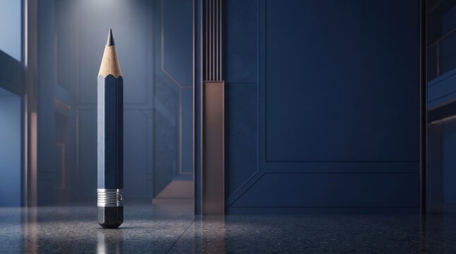 3d World Teachers&rsquo; abstract background new design 2026 Single pencil standing upright on reflective surface with blurred background illustration