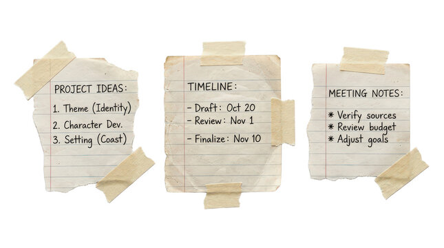 Vintage sticky notes with handwritten project ideas, timeline, and meeting notes attached with masking tape isolated on Transparent Background