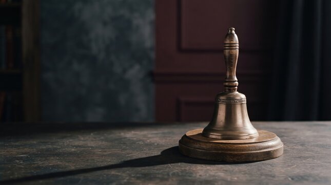 3d World Teachers&rsquo; abstract background new design 2026 Antique brass bell on wooden base with dark background illustration