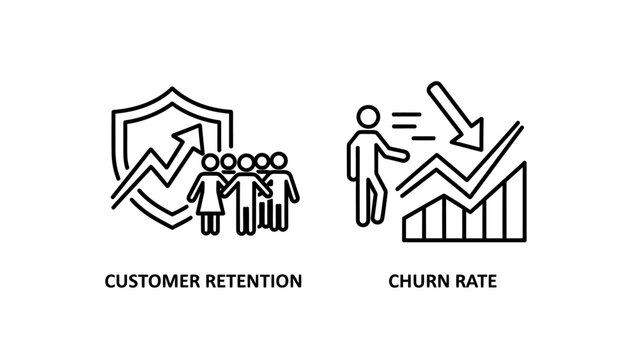 Customer retention and churn rate business metrics represented by line icons