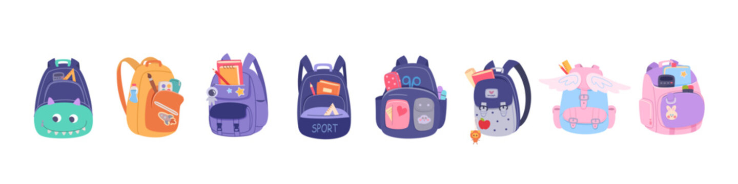 School backpack with colorful books and stationery supplies for students. Children school backpacks vector illustration set. Back to school education concept, Vector illustrations set.