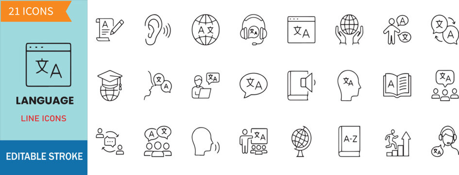 Language and Translation Line Icons Vector Set for Multilingual Communication, Linguistics, Speech, Learning, Global Education, and Voice Translation