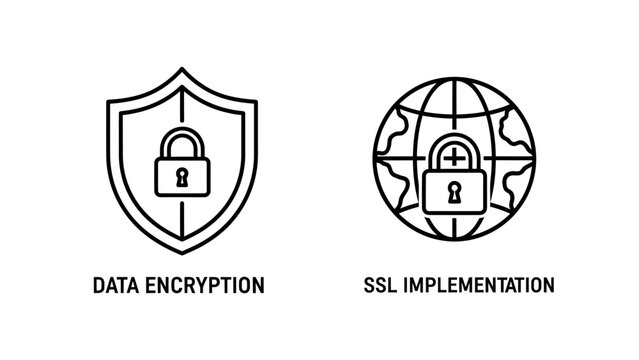 Data encryption and ssl implementation icons for network security with security