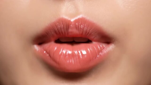 Close up of lips with glossy texture and healthy teeth