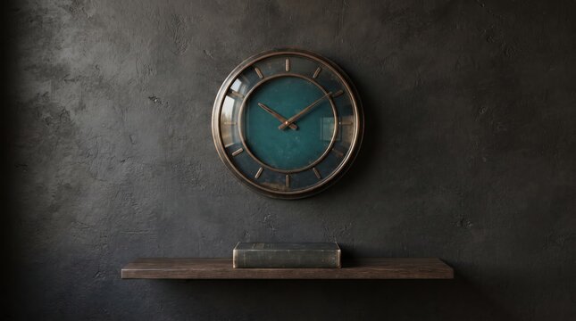 3d World Teachers&rsquo; abstract background new design 2026 Vintage round wall clock on wooden shelf against dark textured wall illustration