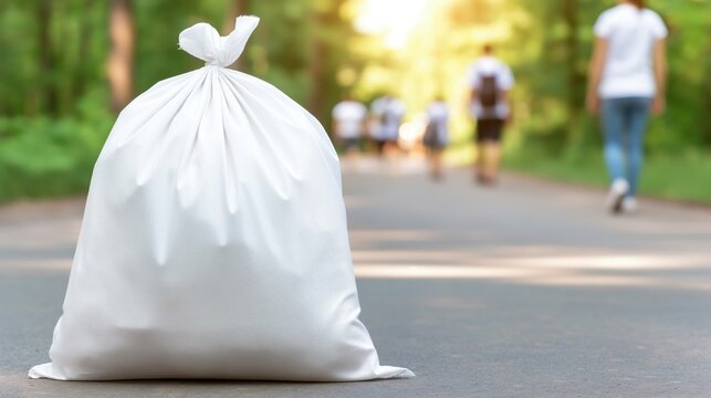 A white trash bag is sitting on the ground in front of a road