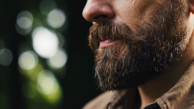 Close up of man with beard outdoors in natural light portrait