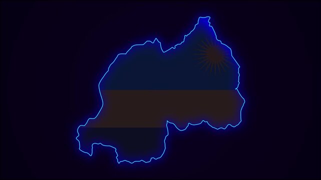 Rwanda Map Outline Country Border on black.  Neon Lights colorful animation transition. Flag of Rwanda. Animation in neon style. 4k . Animated Video