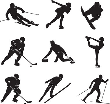 Silhouettes of Winter Sports Enthusiasts in Action on Snowy Landscape