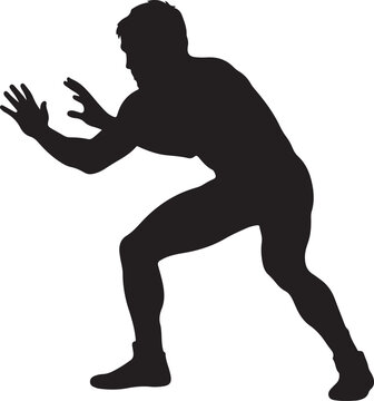 Wrestler Crouching in Defensive Stance During Match
