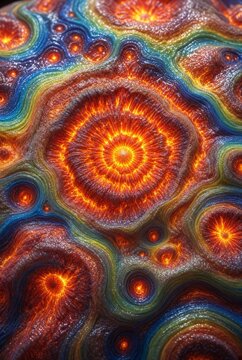 Sfondo astratto psichedelico con texture organica tridimensionale e crateri di energia incandescente
