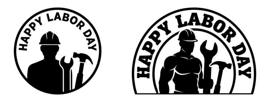 Two circular black and white emblems featuring a construction worker holding tools to celebrate the annual american holiday labor day
