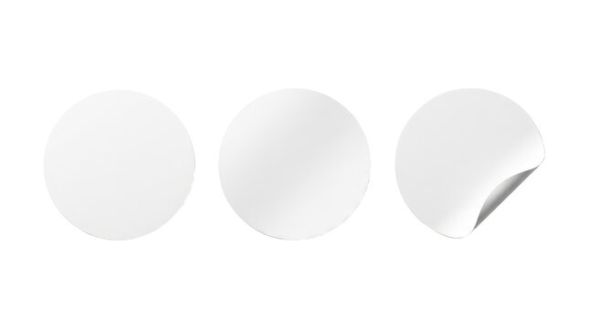 Minimalist white round stickers mockup, blank circle paper labels with peeled corner for branding isolated on Transparent Background