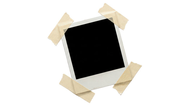 Vintage polaroid photo frame secured with adhesive tape, blank instant picture mockup template for creative design projects isolated on Transparent Background