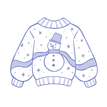 Hand-drawn vector line illustration of a sweater with festive winter print. Outline clip art of oversized jumper with a snowman. Design for winter fashion poster, sticker, web, or print.