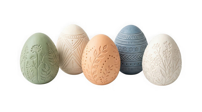Set of five decorative easter eggs with embossed floral and geometric patterns isolated on transparent background