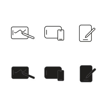 Digital Drawing Tablet And Stylus Pen Line Art And Glyph Vector Icon Set