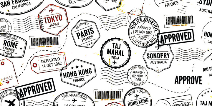 Seamless pattern of vintage travel passport stamps from various international cities and countries