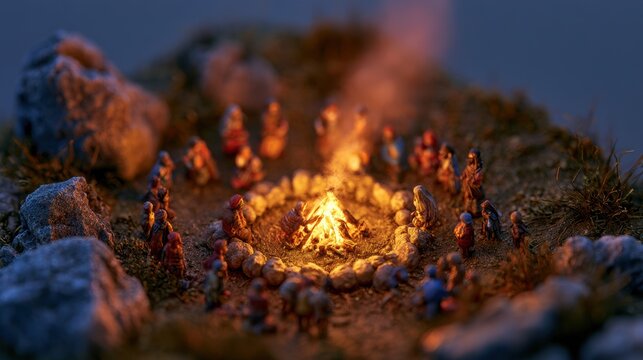 A small circle of rocks holds a campfire with tiny figures gathered around. It is dusk and the warm light glows softly.