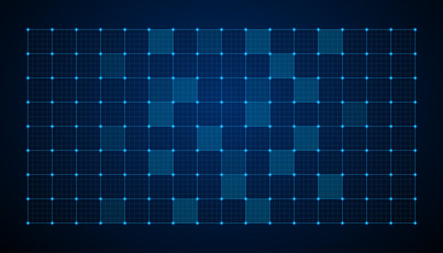 Futuristic grid background, technology blue HUD pattern, high-tech structure texture with glowing dots, digital screen with linear squares elements